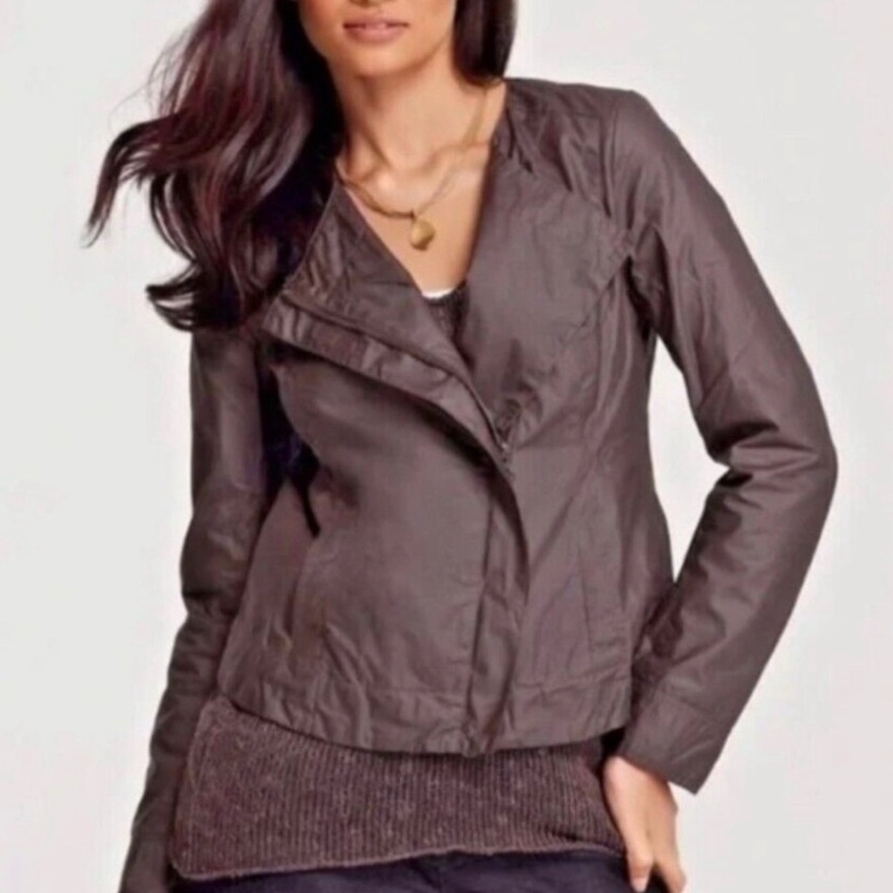 Timeless Eileen Fisher Dark Brown Waxed Cotton Moto Jacket Large